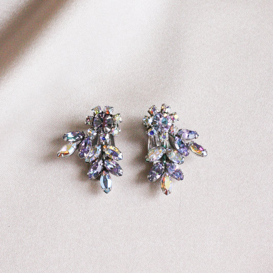 *Trésor vintage*Boucles d'oreilles clip-on crawler aurora borealis lavande Gustave Sherman années 50 (signées)
