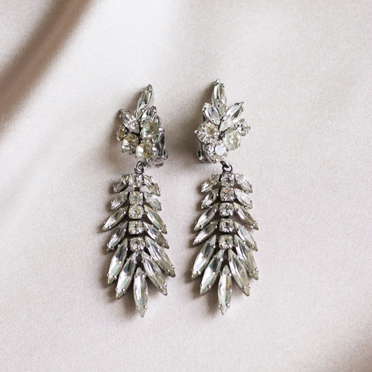 *Trésor vintage* boucles d'oreilles à clip longues en cristal clair de Gustave Sherman des années 50 (signées) - Tel quel