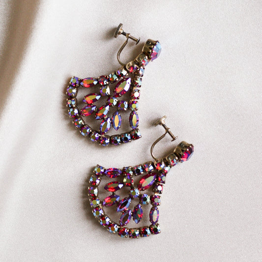 *Trésor vintage*Boucles d'oreilles à vis très rares en fuchsia de Gustave Sherman, chandelier large des années 50 - Plaqué or (signé)